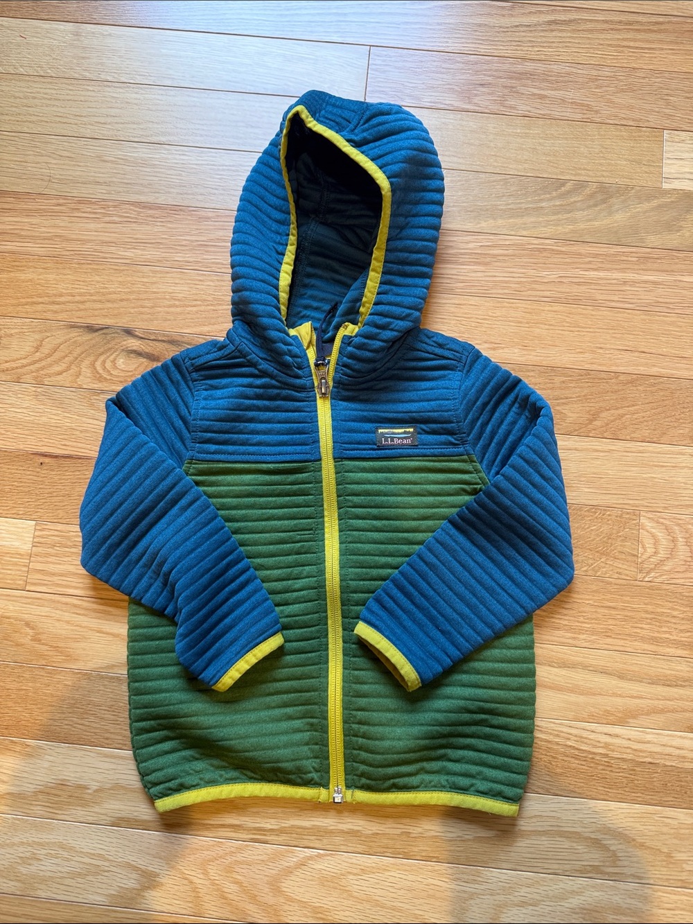 L.L. Bean Blue and Green Quilted Hooded Zip Jacket with Yellow Trim